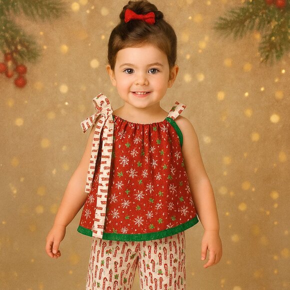 Christmas Outfit Toddler 3T, Pillowcase Top & Candy Cane Pants, Holiday Pant Set - Picture 1 of 6